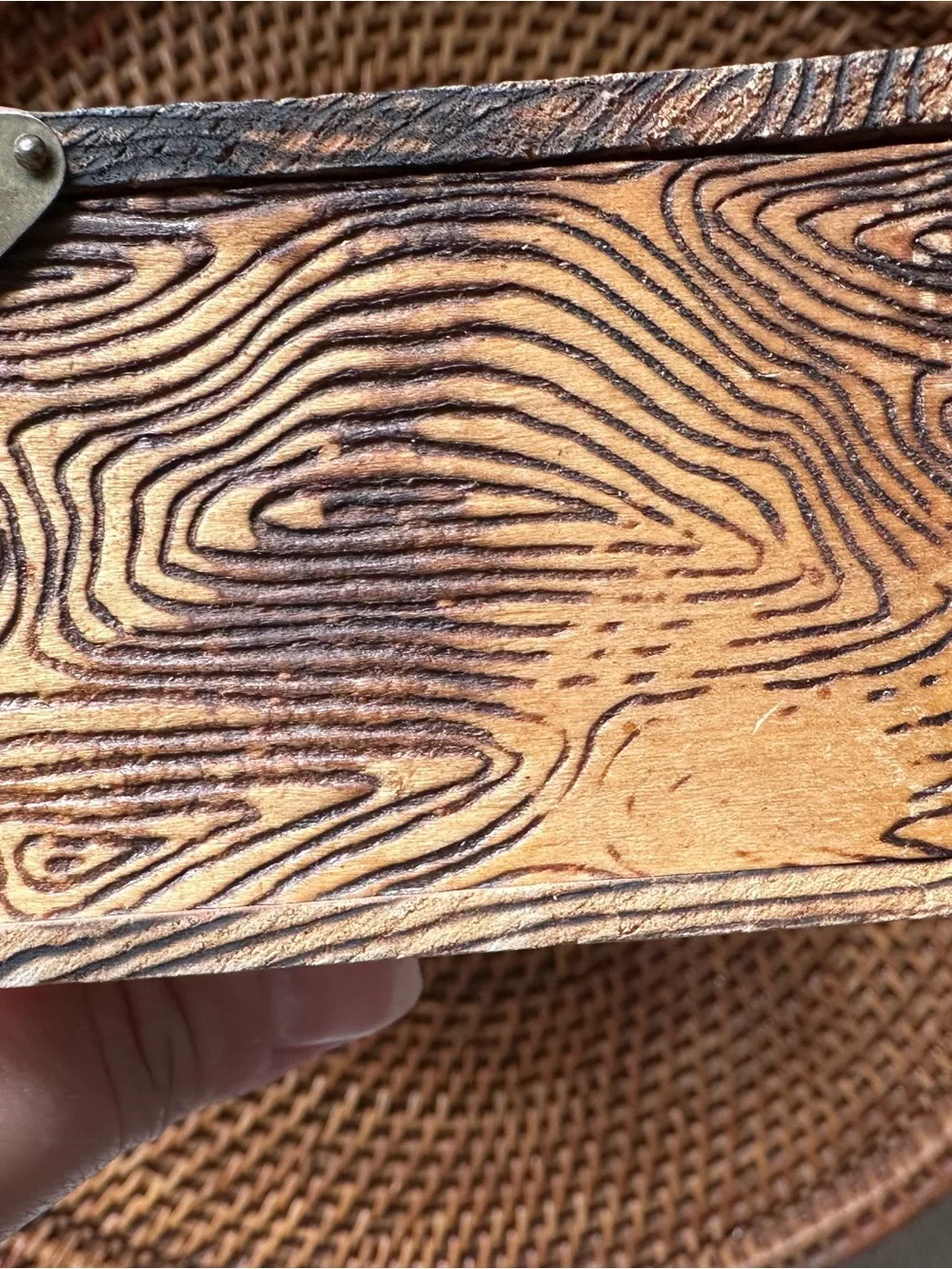 Antique wood burned pyrography “Gloves” Acorn Oak Box 10 x 3.5 x 1.75”